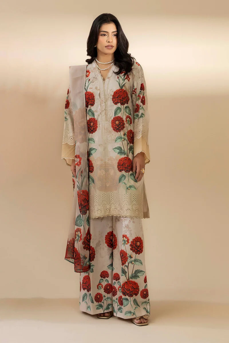 Unstitched Rose printed Chikankari Embroidered Lawn 3 Piece Suit