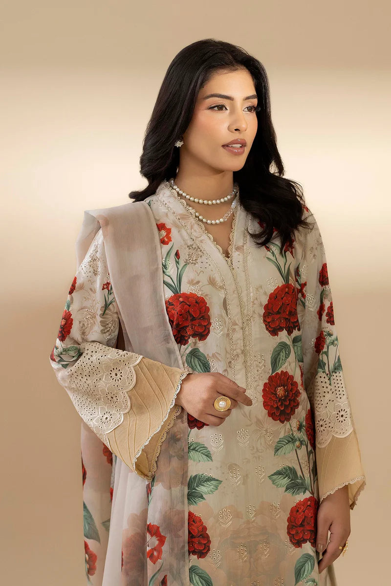 Unstitched Rose printed Chikankari Embroidered Lawn 3 Piece Suit