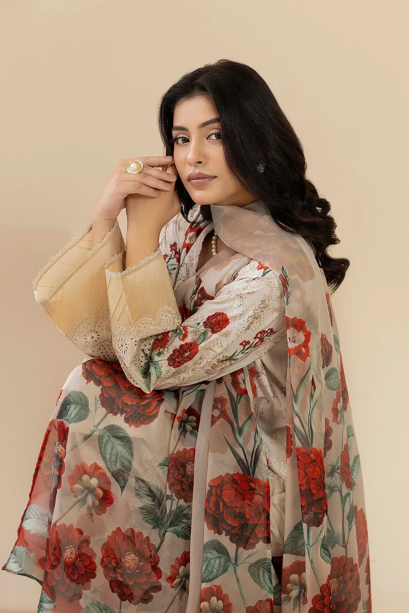 Unstitched Rose printed Chikankari Embroidered Lawn 3 Piece Suit